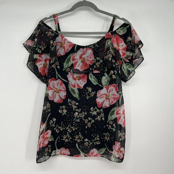 CAbi Tops - CAbi Fairy Tale Floral Cold Shoulder Blouse Top Women's Size S Small Navy Blue
